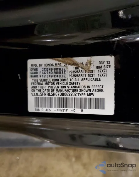 2013 Honda Odyssey Exl z USA, uszkodzony, nr VIN 5FNRL5H67DB062202